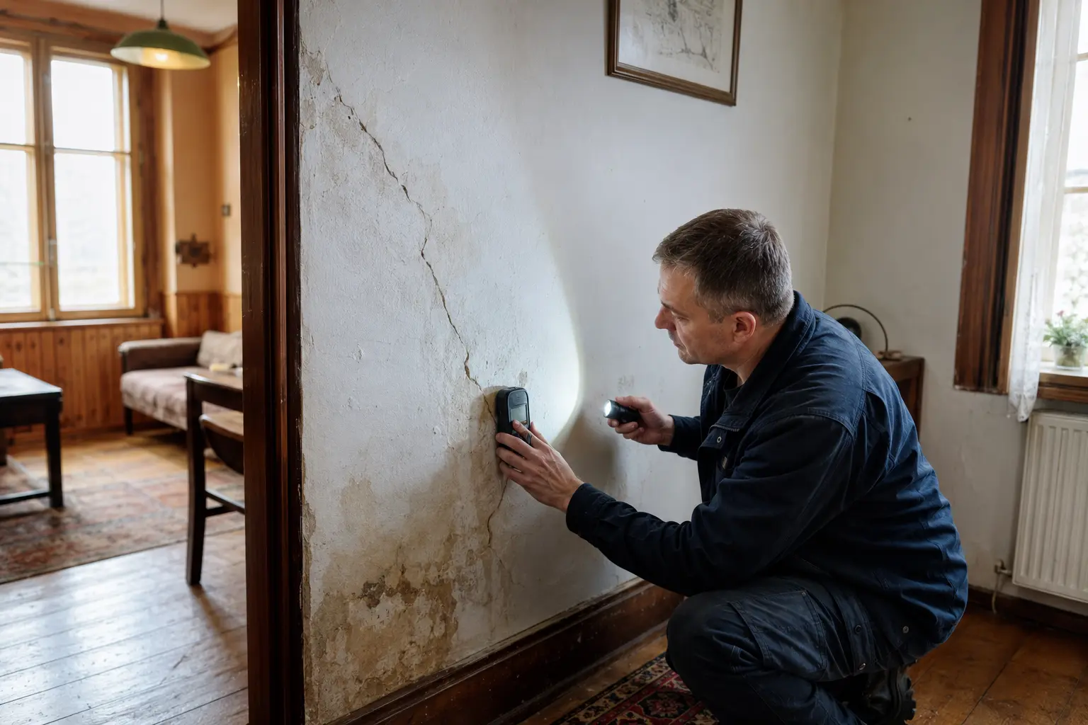 Inspekcja starego domu przed zakupem z oceną pęknięć i wilgoci