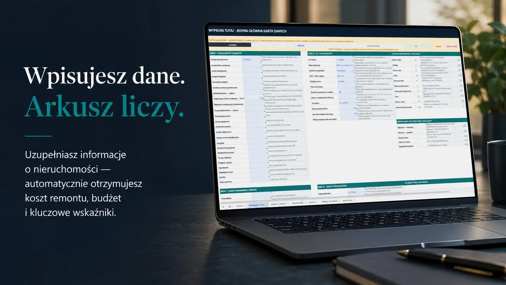 Karta danych nieruchomości w arkuszu DOM DO REMONTU PRO