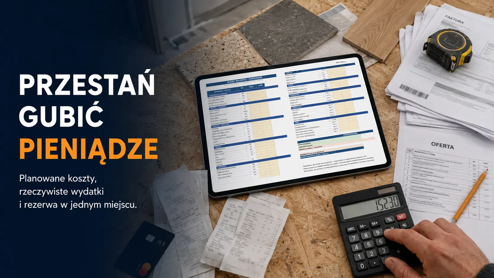 Budżet remontu z planowanymi kosztami, rzeczywistymi wydatkami i rezerwą w Planerze Remontu PRO