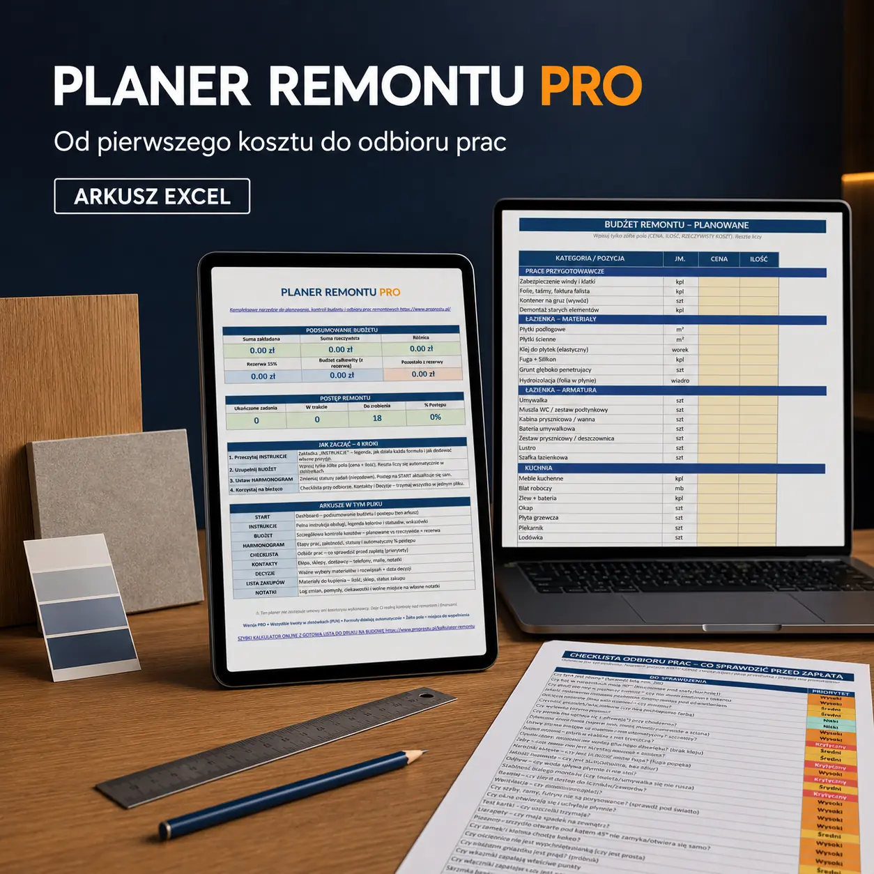 Planer Remontu PRO na laptopie i tablecie, z widokiem budżetu oraz checklisty odbioru