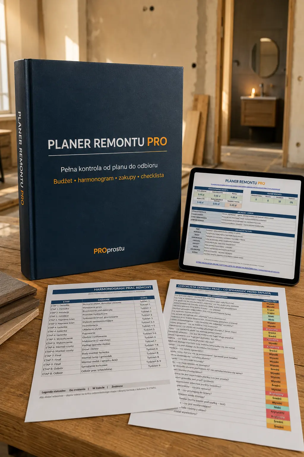 Prezentacja zawartości Planera Remontu PRO: dashboard, harmonogram i checklista odbioru