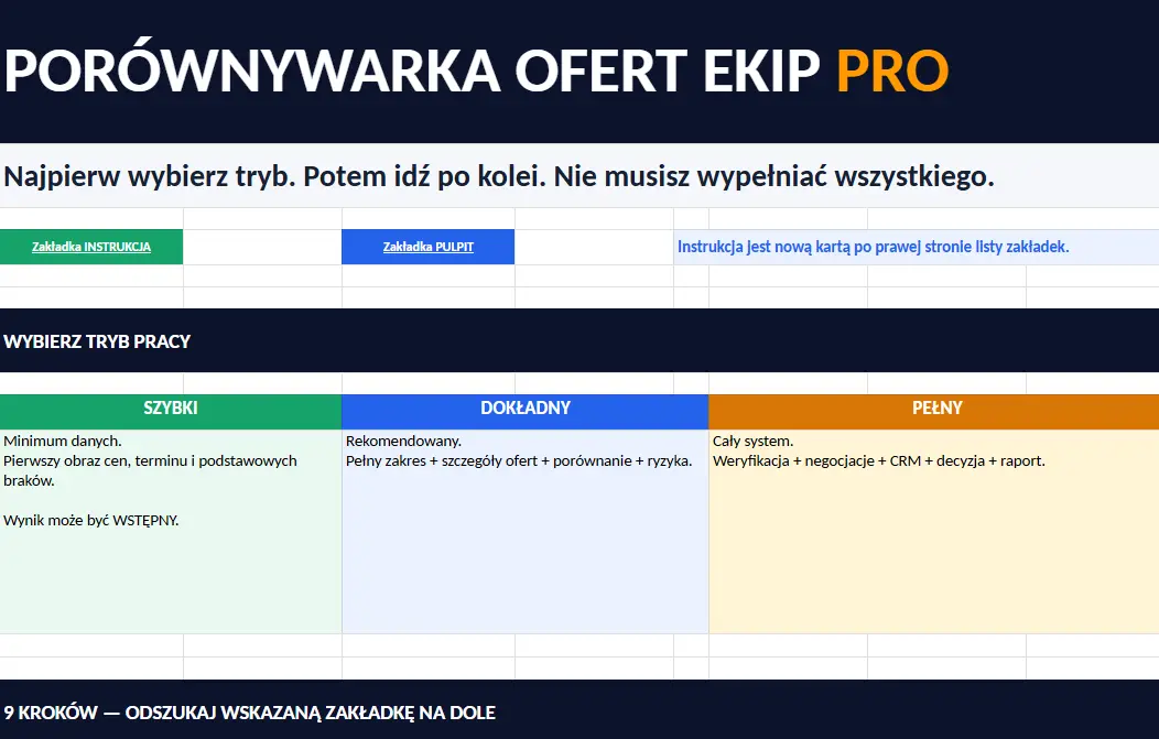 Ekran startowy Porównywarki Ofert Ekip PRO z trzema trybami pracy