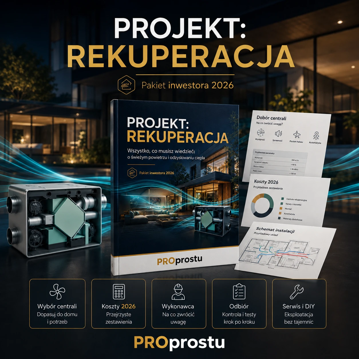 Pakiet inwestora PROJEKT: REKUPERACJA z materiałami o doborze centrali, kosztach, wykonawcy, odbiorze i DIY