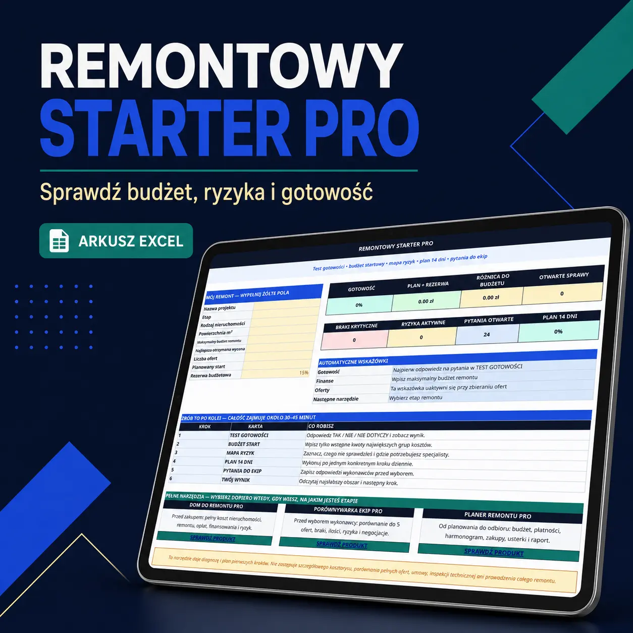 Remontowy Starter PRO – darmowy arkusz Excel do sprawdzenia budżetu, ryzyk i gotowości
