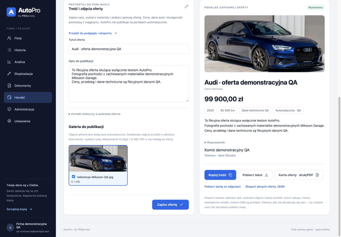 Edytor oferty AutoPro z wyborem zdjęć oraz eksportem tekstu i karty oferty