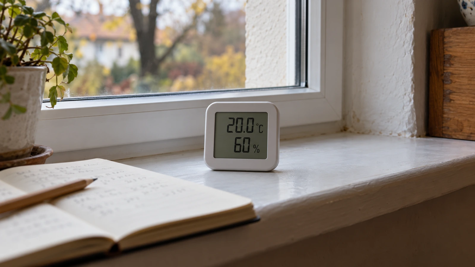 Ilustracja higrometru pokazującego przykładowe 20°C i 60% wilgotności obok notatnika